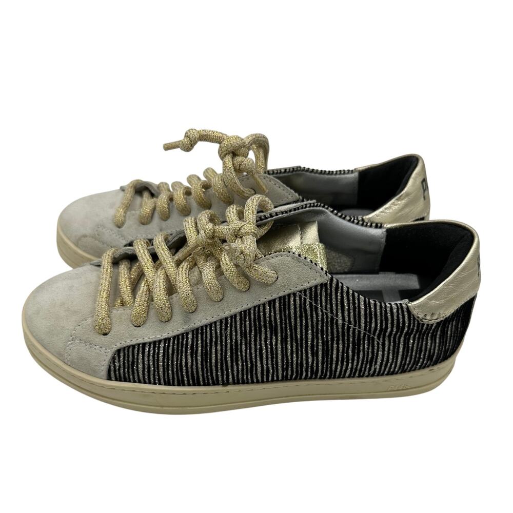 P448 John Swing Womens Sneakers Size 6 Black Gold Striped Suede Low Top